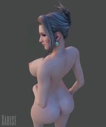 Rule 34 | 1girl, 3d, artist name, ass, bracelet, breasts, closed mouth, earrings, eyelashes, female focus, final fantasy, final fantasy vii, final fantasy vii remake, from behind, gem, grey background, hair up, highres, jewelry, large breasts, legs, necklace, nipples, nude, scarlet (ff7), simple background, solo, square enix, turning head, xarisf