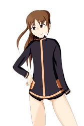Rule 34 | 1girl, absurdres, bare legs, bottomless, female focus, highres, jacket, long sleeves, naked jacket, no panties, no pants, simple background, solo, takakamo shizuno, track jacket, white background