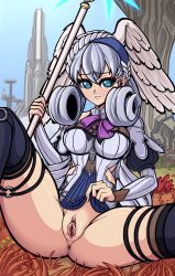 1girl absurdres anus blue_eyes grey_hair head_wings highres melia_antiqua outdoors pussy scrimblocrimbo solo spread_legs staff_(weapon) uncensored wings xenoblade_chronicles:_future_connected xenoblade_chronicles_(series) xenoblade_chronicles_1