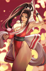 Rule 34 | 1girl, arm guards, bare shoulders, breasts, brown eyes, brown hair, cleavage, fatal fury, folded fan, folding fan, hand fan, high ponytail, highres, holding, holding fan, japanese clothes, large breasts, long hair, looking at viewer, ninja, pelvic curtain, ponytail, revealing clothes, rim jims, rope, shiranui mai, smile, snk, solo, the king of fighters, thighs