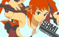 Rule 34 | 1girl, advance wars, black eyes, blunt bangs, brekkist, brown footwear, brown pants, character name, dog tags, dutch angle, from above, gun, headband, highres, holding, holding gun, holding weapon, looking at viewer, magazine (weapon), orange hair, orange headband, pants, pixel art, sami (advance wars), short hair, simple background, smile, solid oval eyes, solo, tank top, twitter username, weapon, white background, white tank top