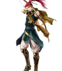 Rule 34 | 1boy, arrow (projectile), belt, boots, bow (weapon), bracelet, cape, fingerless gloves, fire emblem, fire emblem: path of radiance, fire emblem heroes, full body, gloves, green eyes, highres, jewelry, long hair, male focus, nintendo, official art, quiver, red hair, shinon (fire emblem), solo, transparent background, wada sachiko, weapon
