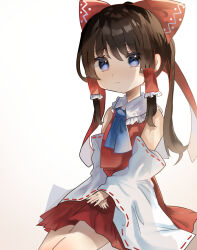 Rule 34 | 1girl, ascot, black eyes, black hair, bow, detached sleeves, frilled bow, frilled hair tubes, frills, hair bow, hair tubes, hakurei reimu, highres, long hair, own hands together, ramochi, red bow, red skirt, ribbon-trimmed sleeves, ribbon trim, sitting, skirt, skirt set, solo, touhou, yellow ascot