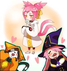 Rule 34 | 1boy, 2girls, animal ears, arc system works, bad id, bad pixiv id, blazblue, blush stickers, candy, cat, cat ears, cat tail, eyepatch, closed eyes, family, father and daughter, food, hair over one eye, happy, hat, heart, hood, jerun, jnrghzrg, jubei (blazblue), kokonoe (blazblue), konoe a. mercury, lollipop, long hair, mother and daughter, multiple girls, multiple tails, oversized clothes, pink hair, short twintails, tail, twintails, witch hat, yellow eyes, aged down