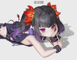 Rule 34 | 1girl, absurdres, ass, black choker, black hair, bracelet, braid, choker, commission, flower, hair ornament, hand on own face, highres, jewelry, looking at viewer, mole, mole under eye, multicolored hair, nail polish, purple eyes, purple hair, red nails, roll out road, shadow, simple background, solo, symonne (tales), tales of (series), tales of zestiria, twintails, two-tone hair