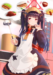Rule 34 | 1girl, apron, back bow, black dress, black hair, blue archive, blunt bangs, blush, bow, commentary request, cowboy shot, demon horns, dress, eyelashes, fingernails, frilled apron, frilled sleeves, frills, fuuka (blue archive), hair on horn, halo, hand up, highres, holding, holding ladle, horns, indoors, kitchen, ladle, long hair, long sleeves, myria (7855), necktie, parted lips, red bow, red eyes, red halo, red necktie, sidelocks, solo, standing, thinking, thought bubble, twintails, upturned eyes, white apron, window