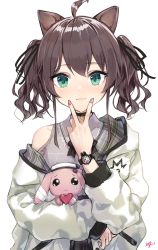 Rule 34 | 1girl, ahoge, animal ears, aqua eyes, black choker, black ribbon, blush, brown hair, cat ears, choker, closed mouth, collared shirt, commentary, eyelashes, flat chest, grey shirt, hair between eyes, hair ribbon, heart, heart choker, highres, holding, holding stuffed toy, hololive, jacket, kemonomimi mode, lace trim, lips, long sleeves, looking at viewer, medium hair, nail polish, natsuiro matsuri, natsuiro matsuri (casual), off shoulder, official alternate costume, pink nails, plaid, ribbon, shirt, signature, simple background, sleeveless, sleeveless shirt, smile, solo, stuffed animal, stuffed rabbit, stuffed toy, takenoko no you, teardrop, twintails, two-sided fabric, two-sided jacket, upper body, v, v over mouth, virtual youtuber, watch, wavy hair, white background, white jacket, wing collar, wristwatch