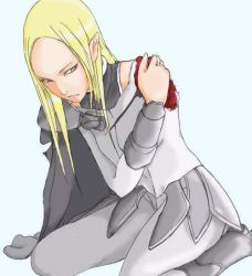 Rule 34 | 00s, 1girl, amputee, armor, blonde hair, blood, blue background, cape, claymore (series), clenched teeth, faulds, grey eyes, guro, hand on own shoulder, irene, kneeling, looking to the side, pauldrons, pointy ears, shoulder armor, solo, teeth, vambraces