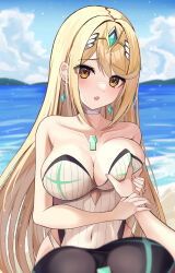 Rule 34 | 2girls, :o, absurdres, bare shoulders, blonde hair, blush, breasts, chest jewel, cleavage, covered navel, earrings, female pov, gem, grabbing, grabbing another&#039;s breast, grabbing another's breast, groping, guided breast grab, guiding hand, hair ornament, headpiece, highres, jewelry, kaede (maple4rt), large breasts, long hair, looking at viewer, multiple girls, mythra (radiant beach) (xenoblade), mythra (xenoblade), one-piece swimsuit, open mouth, pov, pyra (pro swimmer) (xenoblade), pyra (xenoblade), selfcest, strapless, strapless one-piece swimsuit, swept bangs, swimsuit, tiara, very long hair, white one-piece swimsuit, xenoblade chronicles (series), xenoblade chronicles 2, yellow eyes, yuri