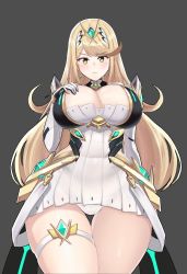 Rule 34 | 1girl, absurdres, bare legs, bare shoulders, blonde hair, breasts, chest jewel, cleavage, cleavage cutout, clothing cutout, desspie, dress, earrings, elbow gloves, gem, gloves, headpiece, highres, jewelry, large breasts, long hair, mythra (xenoblade), panties, pantyshot, short dress, solo, swept bangs, thigh strap, tiara, underwear, very long hair, white dress, white gloves, xenoblade chronicles (series), xenoblade chronicles 2, yellow eyes