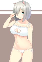 Rule 34 | 10s, 1girl, animal ears, aqua eyes, bra, breasts, cat cutout, cat ear panties, cat ears, cat lingerie, cleavage, cleavage cutout, clothing cutout, collarbone, hair ornament, hair over one eye, hairclip, hamakaze (kancolle), highres, kantai collection, large breasts, md5 mismatch, meme attire, navel, panties, resolution mismatch, revision, short hair, side-tie panties, silver hair, solo, source smaller, underboob, underwear, underwear only, white bra, white panties, yuna (spn28u79)
