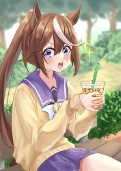 Rule 34 | absurdres, animal ears, armpits, arms up, bench, blue eyes, blurry, blurry background, blush, brown hair, commentary, commentary request, highres, horse ears, horse girl, horse tail, juice, kohaku teru, looking at viewer, open mouth, ponytail, saliva, school uniform, sitting, sparkle, tail, tokai teio (umamusume), tracen school uniform, umamusume