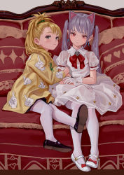 Rule 34 | 2girls, animal ears, arm hug, artist name, black footwear, black legwear, blonde hair, blush, bow, bowtie, brooch, cat ears, chinese commentary, commentary request, couch, dress, earrings, feiqizi (fkey), fkey, full body, gloves, grey background, grey eyes, handprint, head tilt, highres, jacket, jewelry, long hair, long sleeves, looking at viewer, mary janes, multiple girls, original, pantyhose, ponytail, puffy short sleeves, puffy sleeves, red bow, red eyes, red neckwear, shoes, short sleeves, sidelocks, signature, silver hair, simple background, skull, twintails, white dress, white footwear, white gloves, white legwear, yellow jacket