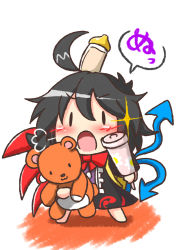 Rule 34 | 1girl, ahoge, asymmetrical wings, baby bottle, black hair, bottle, chibi, cup, houjuu nue, open mouth, rattle, rindou (p41neko), short hair, simple background, solid oval eyes, solo, sparkle, standing, stuffed animal, stuffed toy, teddy bear, touhou, white background, wings
