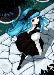 Rule 34 | 1girl, black dress, black footwear, black socks, black thighhighs, blue hair, dress, expressionless, eyelashes, from above, from behind, full body, goth fashion, gothic lolita, grass, hairband, juliet sleeves, kneehighs, kunishige keiichi, lace, lipstick, lolita fashion, lolita hairband, long hair, long sleeves, looking at viewer, looking back, looking up, makeup, original, outdoors, pavement, puffy sleeves, red eyes, ribbon, shoes, socks, solo, standing, thighhighs