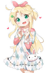 Rule 34 | 1girl, :d, animal bag, argyle, argyle clothes, argyle dress, bag, blonde hair, clover hair ornament, commentary request, dress, four-leaf clover hair ornament, green eyes, hair ornament, hair ribbon, hairband, hairclip, heart, highres, himesaka noa, long hair, long sleeves, looking at viewer, makuran, off-shoulder dress, off shoulder, open mouth, pink hairband, pink ribbon, pink shirt, ponytail, ribbon, scrunchie, shirt, short eyebrows, shoulder bag, simple background, smile, solo, thick eyebrows, very long hair, watashi ni tenshi ga maiorita!, white background, white dress, white scrunchie, wrist cuffs, wrist scrunchie