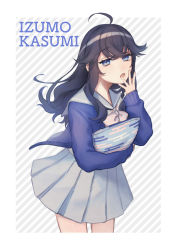 Rule 34 | 1girl, :o, absurdres, ahoge, blue cardigan, blue eyes, blue hair, bow, bowtie, cardigan, character name, covering own mouth, diagonal stripes, ears visible through hair, grey background, grey skirt, hand over own mouth, highres, holding, holding pillow, izumo kasumi (nijisanji), long hair, long sleeves, looking at viewer, loose bowtie, miniskirt, mole, mole on neck, mole on thigh, mole under mouth, nijisanji, open cardigan, open clothes, pillow, pink bow, pink bowtie, pleated skirt, sailor collar, school uniform, serafuku, skirt, sleeves past wrists, solo, standing, striped background, striped bow, striped bowtie, striped clothes, striped neckwear, unbuttoned, usuke (u skeeep), virtual youtuber, wavy hair, yawning