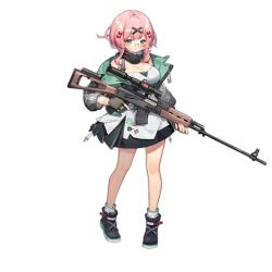 Rule 34 | 1girl, artist request, bandaid, bandaid on arm, bare shoulders, black footwear, black scarf, blue eyes, blush, bow, breasts, cleavage, closed mouth, dress, fingerless gloves, full body, girls&#039; frontline, glasses, gloves, green eyes, gun, hair ornament, holding, holding gun, holding weapon, iraqi flag, jacket, large breasts, long sleeves, looking at viewer, official art, open clothes, open jacket, rifle, round eyewear, scarf, scope, short hair with long locks, sidelocks, sniper rifle, socks, solo, standing, star (symbol), tabuk (girls&#039; frontline), tabuk sniper rifle, transparent background, trigger discipline, weapon, x hair ornament