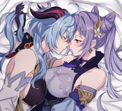 Rule 34 | 2girls, ahoge, bare shoulders, bell, blue hair, blush, breasts, closed mouth, cone hair bun, cowbell, detached sleeves, earrings, closed eyes, ganyu (genshin impact), genshin impact, goat horns, hair bun, hair ornament, horns, jewelry, keqing (genshin impact), long hair, looking at another, lying, medium breasts, multiple girls, negom, purple eyes, purple hair, sleeping, twintails, upper body, yuri
