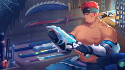Rule 34 | 1boy, abs, bara, bare pectorals, bare shoulders, dagger, dark-skinned male, dark skin, denim, facial hair, facial scar, full body, goatee, green eyes, gyee, headband, highres, holding, holding dagger, holding knife, holding weapon, jeans, knife, large pectorals, male focus, muscular, muscular male, musso (gyee), nipples, official art, pants, pectorals, red hair, scar, scar on cheek, scar on chest, scar on face, short hair, sitting, solo, spiked hair, stomach, topless male, weapon, zifu
