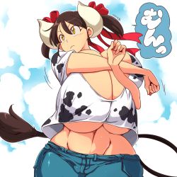 Rule 34 | 1girl, breasts, brown hair, cleavage, cow girl, cow horns, cow tail, gigantic breasts, hair ribbon, hataraki ari, horns, no bra, original, ribbon, solo, standing, sukimi, tail, twintails, underboob