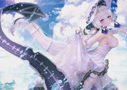 Rule 34 | 1girl, anchor symbol, armlet, azur lane, blue eyes, blue gemstone, blue sky, blunt bangs, blush, breasts, choker, clothes lift, cloud, commentary, cowboy shot, day, dress, dress lift, elbow gloves, flight deck, from side, garter straps, gem, gloves, hair ornament, hair ribbon, hanato (seonoaiko), hat, head tilt, illustrious (azur lane), jewelry, lace-trimmed hat, lace trim, large breasts, long hair, looking at viewer, low twintails, mole, mole under eye, ocean, outdoors, parted lips, pendant, ribbon, see-through, sidelocks, sky, solo, splashing, sunlight, thighhighs, tress ribbon, twintails, twitter username, water drop, white dress, white gloves, white hair, white hat