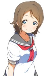 Rule 34 | 10s, 1girl, bad id, bad pixiv id, blue eyes, blush, brown hair, commentary request, highres, icehotmilktea, looking at viewer, love live!, love live! sunshine!!, neckerchief, school uniform, serafuku, short hair, short sleeves, simple background, smile, solo, upper body, watanabe you, white background
