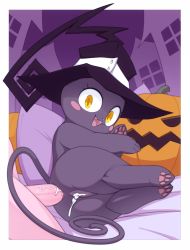 Rule 34 | 1girl, absurdres, anal, animal hands, bed, bestiality, blair (soul eater), blush stickers, cat, cum, cum in ass, cum in pussy, fangs, furry, happy, hat, highres, jack-o&#039;-lantern, kekitopu, looking at viewer, lying, nude, open mouth, outdoors, pawpads, penis, pillow, pussy, sex, soul eater, uncensored, witch hat, yellow eyes