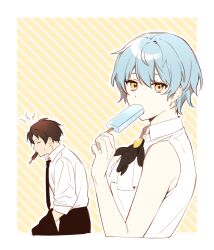 Rule 34 | 1boy, 1girl, angela (project moon), ap5ry, ascot, black hair, black necktie, black pants, blue hair, collared shirt, food, hands in pockets, highres, holding, holding food, library of ruina, long sleeves, looking at viewer, mouth hold, necktie, pants, popsicle, project moon, roland (project moon), shirt, short hair, sleeveless, sleeveless shirt, white ascot, white shirt, yellow eyes