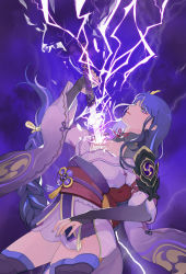 Rule 34 | 1girl, absurdres, armor, bilitann, braid, breasts, bridal gauntlets, cleavage, commentary, electricity, english commentary, genshin impact, hair ornament, highres, huge filesize, human scabbard, japanese clothes, kimono, large breasts, long hair, looking at viewer, nail polish, open mouth, purple eyes, purple hair, purple nails, raiden shogun, ribbon, sash, shoulder armor, solo, sword, thighhighs, tomoe (symbol), weapon, wide sleeves