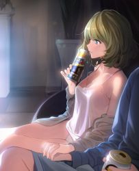 Rule 34 | 1boy, 1girl, alcohol, bare legs, bare shoulders, blue eyes, blush, breasts, camisole, can, cleavage, clothes down, collarbone, feet out of frame, fpanda, green eyes, highres, holding, holding can, holding hands, idolmaster, idolmaster cinderella girls, indoors, interlocked fingers, jacket, long sleeves, medium breasts, mole, mole under eye, panties, parted lips, profile, short hair, shorts, sitting, strong zero, takagaki kaede, underwear, white panties