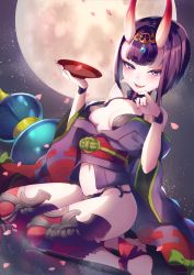Rule 34 | 1girl, ankle ribbon, bare shoulders, blush, bob cut, breasts, collarbone, cup, eyeliner, fangs, fate/grand order, fate (series), full moon, gourd, headpiece, highres, horns, japanese clothes, kimono, kneeling, leg ribbon, long sleeves, looking at viewer, makeup, moon, neko-san (dim.dream), night, night sky, obi, oni, open clothes, open kimono, open mouth, petals, purple eyes, purple hair, purple kimono, revealing clothes, ribbon, sakazuki, sash, short eyebrows, short hair, shuten douji (fate), skin-covered horns, sky, small breasts, smile, solo, thighs