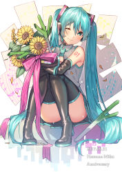Rule 34 | 1girl, 2017, ;), absurdres, anniversary, aqua eyes, aqua hair, aqua necktie, black footwear, black thighhighs, blush, boots, character name, dated, detached sleeves, flower, hatsune miku, headset, highres, itohana, long hair, looking at viewer, musical note, necktie, one eye closed, petals, pink ribbon, ribbon, sitting, smile, solo, spring onion, striped ribbon, sunflower, thigh boots, thighhighs, twintails, very long hair, vocaloid