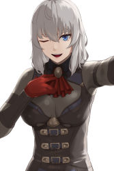 Rule 34 | 1girl, ascot, blue eyes, bodysuit, breasts, brooch, eden grenze, gloves, grey bodysuit, grey hair, jewelry, kageshio (276006), large breasts, long sleeves, looking at viewer, medium hair, one eye closed, open mouth, outstretched arm, red ascot, red gloves, silver (eden), smile, solo
