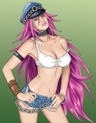 Rule 34 | 1girl, armband, big hair, blue eyes, blue shorts, breasts, capcom, chain, choker, collar, denim, denim shorts, fandias, female focus, final fight, hat, lips, long hair, looking at viewer, medium breasts, nail polish, pink hair, pink nails, poison (final fight), realistic, seductive smile, shorts, smile, solo, street fighter, studded collar, tank top, wristband