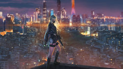 Rule 34 | 1girl, an-94, an-94 (girls&#039; frontline), assault rifle, blonde hair, blue eyes, boots, breasts, city lights, cityscape, cloak, gas mask, girls&#039; frontline, gloves, gun, hairband, headset, highres, holding, holding gun, holding weapon, jacket, knee boots, long hair, long sleeves, looking at viewer, mask, night, realistic, rifle, rooftop, scenery, shorts, sidelocks, signature, silver hair, thigh strap, wayne chan, weapon