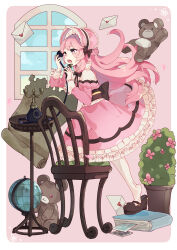 Rule 34 | 1girl, :o, absurdres, antique phone, back bow, blush, bonnet, book, bow, bush, chair, cushion, envelope, flower, globe, heart, high collar, highres, holding, holding phone, juliet sleeves, kusunokimizuha, lolita fashion, long hair, long sleeves, neck ribbon, on book, open mouth, original, phone, pink eyes, pink hair, plant, potted plant, puffy sleeves, ribbon, sash, scroll, sleeve cuffs, solo, standing, standing on one leg, stuffed animal, stuffed toy, table, teddy bear, very long hair, window