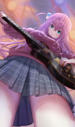 Rule 34 | 1girl, absurdres, akirondo, black shirt, blue eyes, blush, bocchi the rock!, breasts, closed mouth, commentary, cube hair ornament, electric guitar, facing viewer, from below, gibson les paul, gotoh hitori, grey skirt, guitar, hair between eyes, hair ornament, highres, holding, holding instrument, instrument, jacket, long hair, long sleeves, medium breasts, music, pink hair, pink jacket, plaid, plaid skirt, playing instrument, pleated skirt, serious, shirt, skirt, solo
