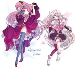 Rule 34 | 2girls, ahoge, bare shoulders, blue eyes, boots, braid, character name, high heels, ia (vocaloid), long hair, looking at viewer, megurine luka, multiple girls, off shoulder, open mouth, pink hair, shoes, simple background, single thighhigh, skirt, smile, thighhighs, twin braids, very long hair, vocaloid, yamako (state of children)