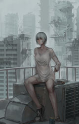 Rule 34 | 1girl, absurdres, bob cut, can, cigarette, cigarette pack, commentary request, converse, highres, jittsu, looking at viewer, loose clothes, loose shirt, no pants, no socks, original, overcast, russian text, shirt, shoes, short hair, sitting, sky, sneakers, t-shirt, thighs, v-neck, white hair