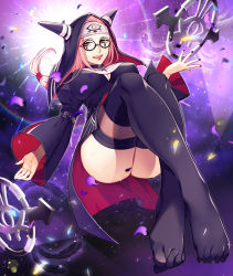 Rule 34 | + +, absurdres, ass, belt, black nails, black thighhighs, breasts, cleavage, cross, crossed ankles, dream catcher, facial mark, feathers, fiona gilman, foreshortening, glasses, headband, highres, hood, horned hood, horns, identity v, knees up, long hair, medium breasts, nail polish, official alternate costume, petals, pink hair, purple background, shigure (shigureinu), simple background, solo, thighhighs, wide sleeves