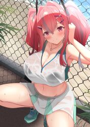 Rule 34 | 1girl, absurdres, azur lane, black bra, bra, bra visible through clothes, breasts, bremerton (azur lane), bremerton (scorching-hot training) (azur lane), chain-link fence, cleavage, crop top, crop top overhang, day, fence, from above, full body, green skirt, heart, heart necklace, highres, jewelry, large breasts, long hair, mole, mole on breast, mole under eye, multicolored hair, necklace, official alternate costume, outdoors, shirt, skirt, sleeveless, sleeveless shirt, smile, solo, sportswear, streaked hair, tennis uniform, twintails, two-tone shirt, two-tone skirt, underwear, wet, wet clothes, wet shirt, white shirt, white skirt, yumemin (yumemi5140)