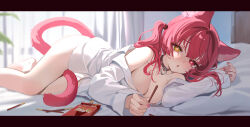 Rule 34 | 1girl, :o, absurdres, animal ears, bedroom, between legs, breasts, brown collar, cat ears, cat girl, cat tail, cleavage, collar, collarbone, curtains, food, heart, heart-shaped pupils, heart collar, heterochromia, highres, holding, holding food, holding pocky, hololive, houshou marine, large breasts, letterboxed, looking at viewer, lying, on bed, on side, pillow, pocky, red eyes, red hair, red nails, ruiuncle, shirt, solo, symbol-shaped pupils, tail, tail between legs, twintails, virtual youtuber, white shirt, yellow eyes