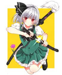 Rule 34 | 1girl, black bow, black bowtie, black footwear, black hairband, blush, border, bow, bowtie, buttons, closed mouth, collar, collared shirt, dress, floral print, flower, green dress, grey hair, hairband, hands up, jumping, katana, konpaku youmu, leaf, looking at viewer, okawa friend, pink flower, puffy short sleeves, puffy sleeves, red eyes, shirt, shoes, short hair, short sleeves, simple background, socks, solo, sword, touhou, weapon, white border, white shirt, white sleeves, white socks, yellow background