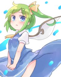 Rule 34 | 1girl, blue eyes, blue skirt, blue vest, blush, bow, breasts, collared shirt, daiyousei, fairy wings, green hair, hair bow, highres, kibisake, long hair, parted lips, puffy short sleeves, puffy sleeves, shirt, short sleeves, side ponytail, skirt, small breasts, solo, touhou, vest, white background, white shirt, white wings, wind, wind lift, wings, yellow bow, yellow neckwear