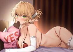 Rule 34 | 1girl, aegis (takunomi), blonde hair, bra, candy, chocolate, chocolate heart, elbow gloves, elf, enjo kouhai, folded ponytail, food, gloves, green eyes, heart, indoors, lingerie, long hair, long pointy ears, lying, mouth hold, multi-strapped panties, navel, on bed, on stomach, panties, pointy ears, red bra, red panties, solo, takunomi, thighhighs, underwear, underwear only, valentine, white gloves, white thighhighs, yes, yes-no pillow