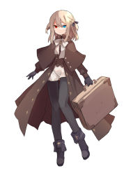 Rule 34 | 1girl, black footwear, black gloves, black pantyhose, blonde hair, blue eyes, boots, bow, brown capelet, brown jacket, brown vest, capelet, closed mouth, eyebrows hidden by hair, full body, gloves, hair between eyes, heterochromia, highres, holding, jacket, pantyhose under shorts, looking at viewer, original, pantyhose, red eyes, short shorts, shorts, simple background, solo, suitcase, tori (10ri), two side up, vest, white background, white bow, white shorts