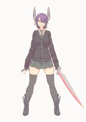 Rule 34 | 1girl, alternate costume, black footwear, black gloves, black thighhighs, boots, cardigan, collared shirt, commentary request, eyepatch, fingerless gloves, full body, gloves, green necktie, green skirt, grey background, grin, hair between eyes, headgear, highres, holding, holding sword, holding weapon, kantai collection, left-handed, legs apart, looking at viewer, necktie, orange eyes, purple hair, sharp teeth, shirt, short hair, simple background, skirt, smile, solo, standing, sword, teeth, tenryuu (kancolle), thighhighs, weapon, wing collar, yuuji (and)