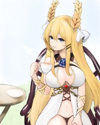 Rule 34 | 1girl, absurdres, azur lane, blonde hair, blue eyes, blue flower, blue rose, breasts, brown panties, center opening, chain, commission, cup, dress, flower, gold chain, hair between eyes, highres, holding, holding cup, kesseil, large breasts, laurel crown, long hair, panties, pixiv commission, rose, sitting, sleeveless, sleeveless dress, solo, teacup, underwear, victorious (azur lane), white dress