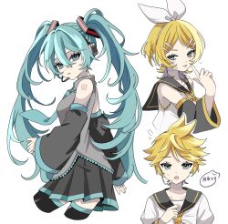 Rule 34 | 1boy, 2girls, :o, :p, arm behind back, bangs pinned back, black sailor collar, black skirt, black sleeves, black thighhighs, blonde hair, blue eyes, blue hair, blue necktie, bow, bow hairband, closed mouth, collared shirt, cropped legs, cropped torso, detached sleeves, dot nose, finger to mouth, from side, grey shirt, hair bow, hair ornament, hairband, hairpin, hatsune miku, headset, heart, highres, index finger raised, kagamine len, kagamine rin, long hair, long sleeves, looking at viewer, microphone, multiple girls, naguno-0713, nail polish, neckerchief, necktie, number tattoo, parted bangs, pleated skirt, sailor collar, school uniform, serafuku, shirt, simple background, skirt, sleeveless, sleeveless shirt, smile, straight-on, sweatdrop, tattoo, thighhighs, tongue, tongue out, twintails, very long hair, vocaloid, white background, white bow, white shirt, yellow nails, yellow neckerchief, yellow necktie
